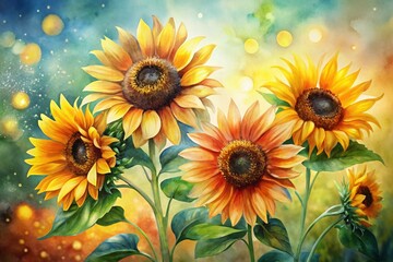 Obraz premium Hand-Drawn Watercolor Sunflowers with Bokeh Background - Botanical Illustration Set