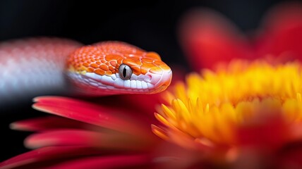 Fototapeta premium Corn Snake in a Garden: A vibrant orange and red corn snake coiled gracefully in a garden. Reptile. Wildlife. Snakes.