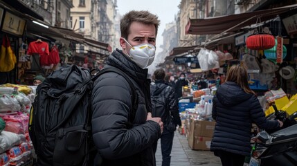 Fototapeta premium Young man wearing face mask in bustling market street, exploring vibrant stalls, surrounded by shoppers and colorful merchandise on foggy day