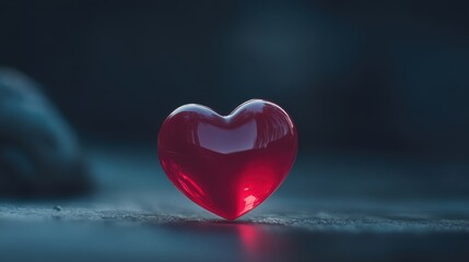 Fototapeta premium A shiny red heart-shaped object sits on a surface, illuminated softly, evoking themes of love and affection.