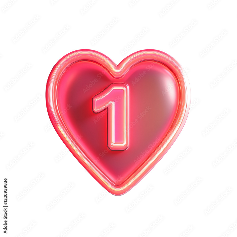 Poster A three dimensional rendering of a pink heart containing a neon number one.