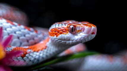 Obraz premium Corn Snake in a Garden: A vibrant orange and red corn snake coiled gracefully in a garden. Reptile. Wildlife. Snakes.