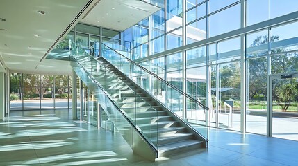 Modern Glass Staircase in a Bright, Sunlit Lobby