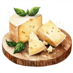 Vector illustration of cheese wedges with holes on a wooden board garnished with fresh basil leaves. The image showcases a rustic presentation suitable for food-themed designs.
