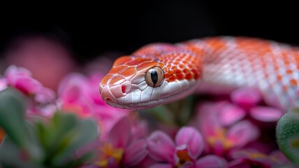 Fototapeta premium Corn Snake in a Garden: A vibrant orange and red corn snake coiled gracefully in a garden. Reptile. Wildlife. Snakes.