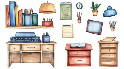 Naklejka premium Watercolor desk collection