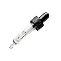 A close up view of a clear glass dropper bottle with a black cap partially filled with a translucent liquid.