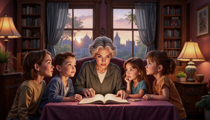 World Storytelling  day: Woman reading to children in a cozy room at sunset
