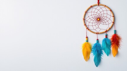 Crafting a vibrant dreamcatcher with colorful feathers studio setting photography artistic environment close-up view