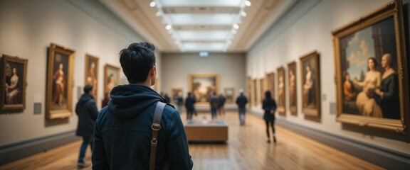 Contemporary art displayed in modern museum, person viewing famous paintings. Blurry and defocused background highlighting visitor engagement and architectural beauty. Indoor.