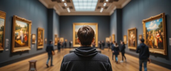 Obraz premium Contemporary art displayed in modern museum, person viewing famous paintings. Blurry and defocused background highlighting visitor engagement and architectural beauty. Indoor.