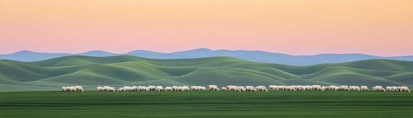 Obraz premium Sheep graze on rolling hills at sunset. Pastoral landscape, nature scene