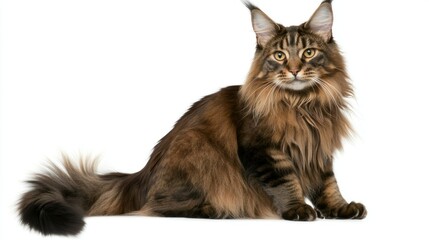 Obraz premium Majestic Brown Maine Coon Cat with Striking Fur Patterns Isolated on White Background