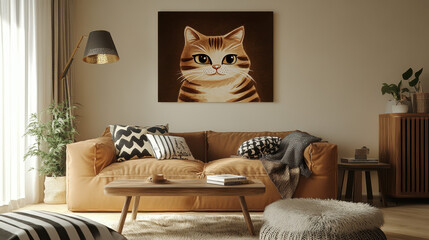 Cozy Living Room with Cat Portrait: A charming living room features a warm, inviting atmosphere highlighted by a captivating portrait of an orange tabby cat.