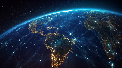 Global network connections illuminated on Earth at night showcasing vibrant continents