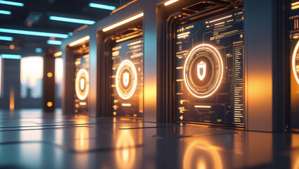 Secure Data Center With Futuristic Cybersecurity Technology Interface Display