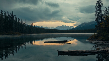 Calm lake reflects mountains under dramatic cloudy sky at dusk