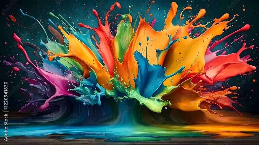 Fototapete Vibrant and Dynamic Fluid Abstract Splatter Painting with Colorful Paint Splashes and Flowing Movements Perfect for Contemporary Digital Art Wallpaper Designs and Creative Visual Concepts