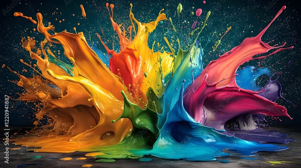 Aufkleber striking abstract artwork featuring dynamic fluid splashes of vibrant paint in a bold contemporary c