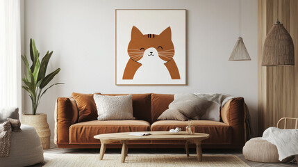 Cozy Cat Minimalist Print:  A minimalist poster of a cute orange cat in a modern living room setting, perfect for adding a touch of whimsy and warmth to any space. 