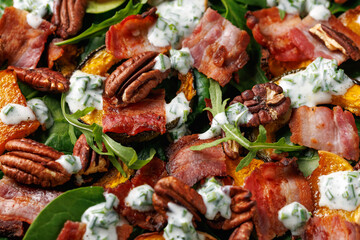 Baked pumpkin bacon salad with spinach and pecan nuts. Healthy food.