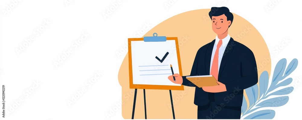 Poster a professional man standing beside a clipboard with a checklist, symbolizing success and task comple
