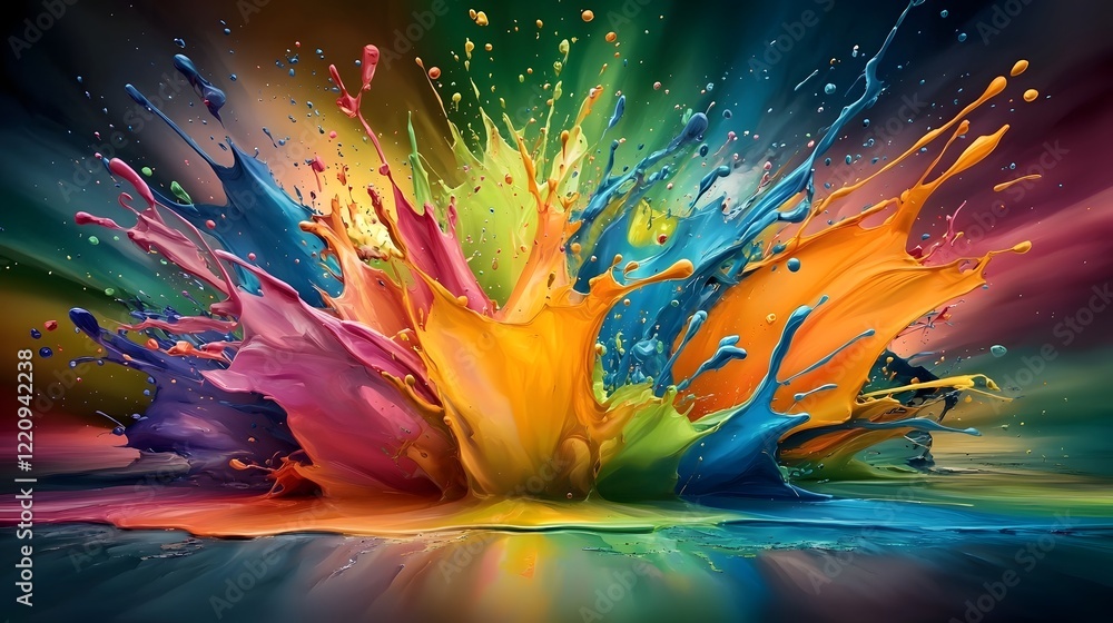 Aufkleber Visually captivating abstract background featuring an explosion of vivid multicolored paint splashes and splatters forming a dynamic energetic