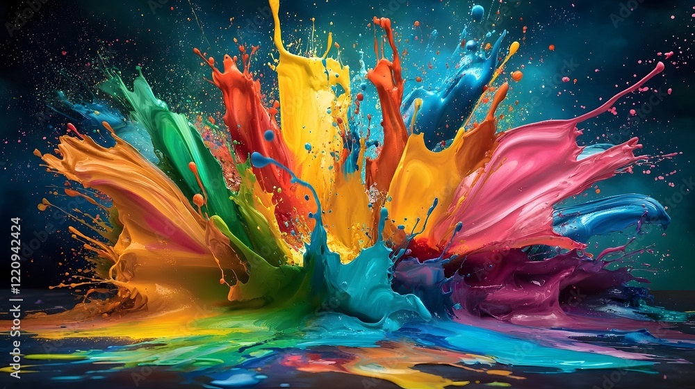 Aufkleber Vibrant explosion of multicolored paint splashes and fluid textures forming a dynamic and visually striking abstract wallpaper or background suitable for creative projects and digital design