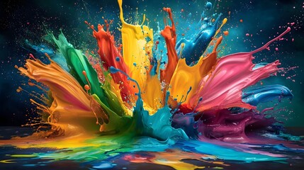 Fototapeta premium Vibrant explosion of multicolored paint splashes and fluid textures forming a dynamic and visually striking abstract wallpaper or background suitable for creative projects and digital design