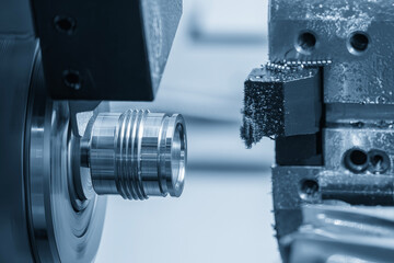 The  CNC lathe machine thread cutting the metal shaft parts in the light blue scene with lighting...