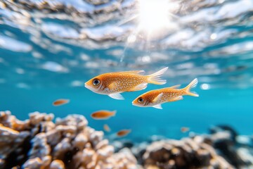 Fototapeta premium Unterwasserwelt mit tropischen Fischen und Korallenriffen in klarem, blauem Wasser