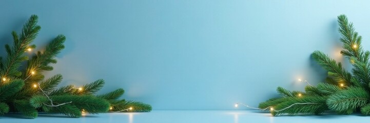 Garlands of evergreen branches and fairy lights against a sky blue backdrop, soft blue, fairy lights, minimalist decor