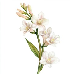 A tuberose flower stalk, fragrant and elegant, watercolor illustration, isolated on white background,