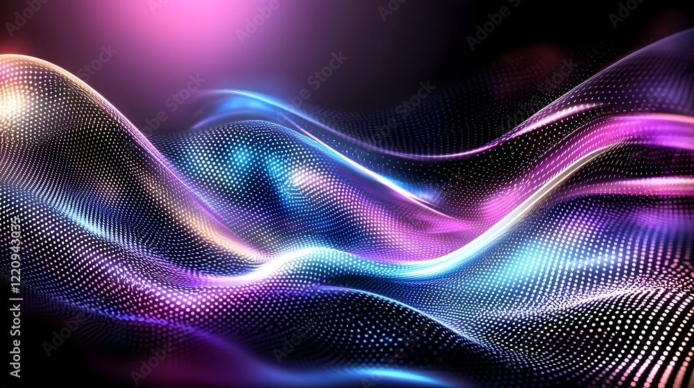 Poster Captivating abstract image featuring fluid graceful waves of luminous light in a mesmerizing blend of vibrant purple blue and pink hues creating a dynamic futuristic