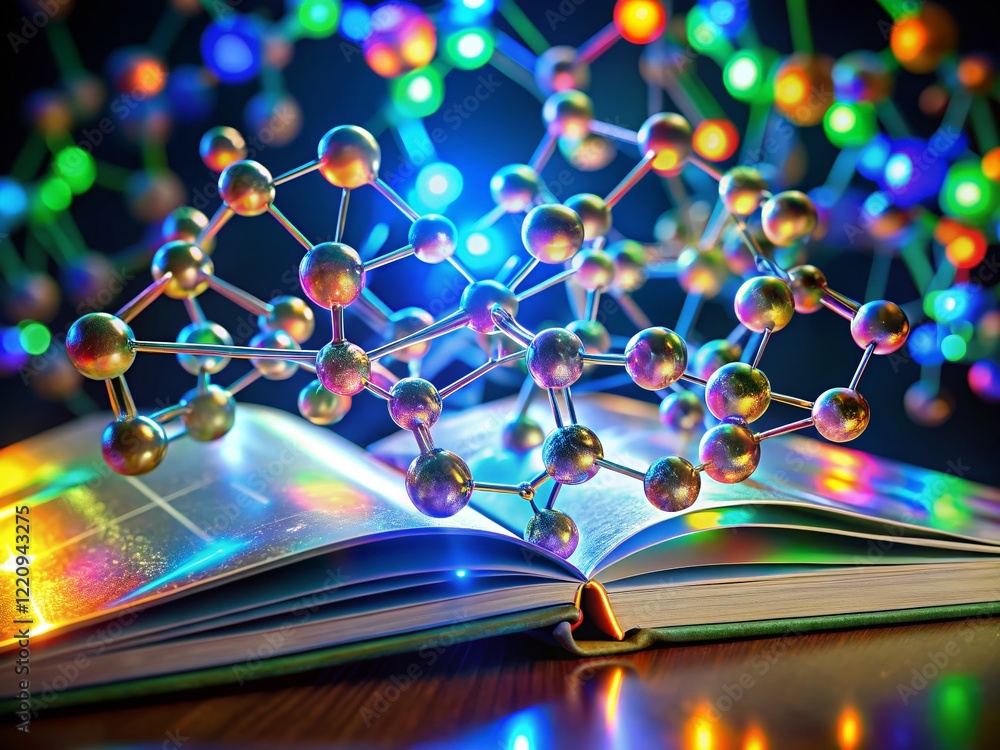 Poster holographic molecular structure projected on open textbook - high-resolution stock photo