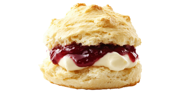 Scones with jam and clotted cream isolated on white background