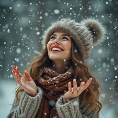 Boho Winter Woman in falling snow