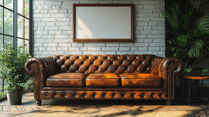 Industrial Chic Living Room: A plush, worn leather Chesterfield sofa, aged to perfection, anchors a stylish living space with an exposed brick wall and large windows. Framed artwork.