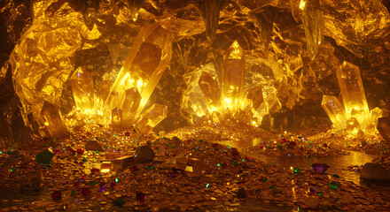 Glowing Crystal Cave of Riches: A subterranean fantasy realm brimming with golden treasures and sparkling gems, illuminated by radiant crystals.
