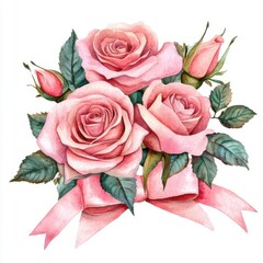Naklejka premium Pink roses, romantic novels, romantic picnics, lovethemed stickers, satin ribbons, watercolor illustration, isolated on white background,