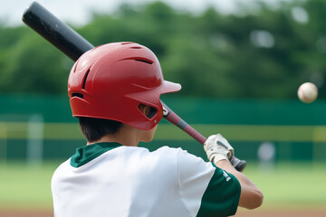 Young batter in red helmet prepares to swing at baseball during practice on a sunny afternoon