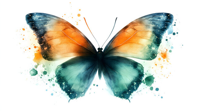 A beautiful watercolor painting of a butterfly with vibrant colors and artistic splatters