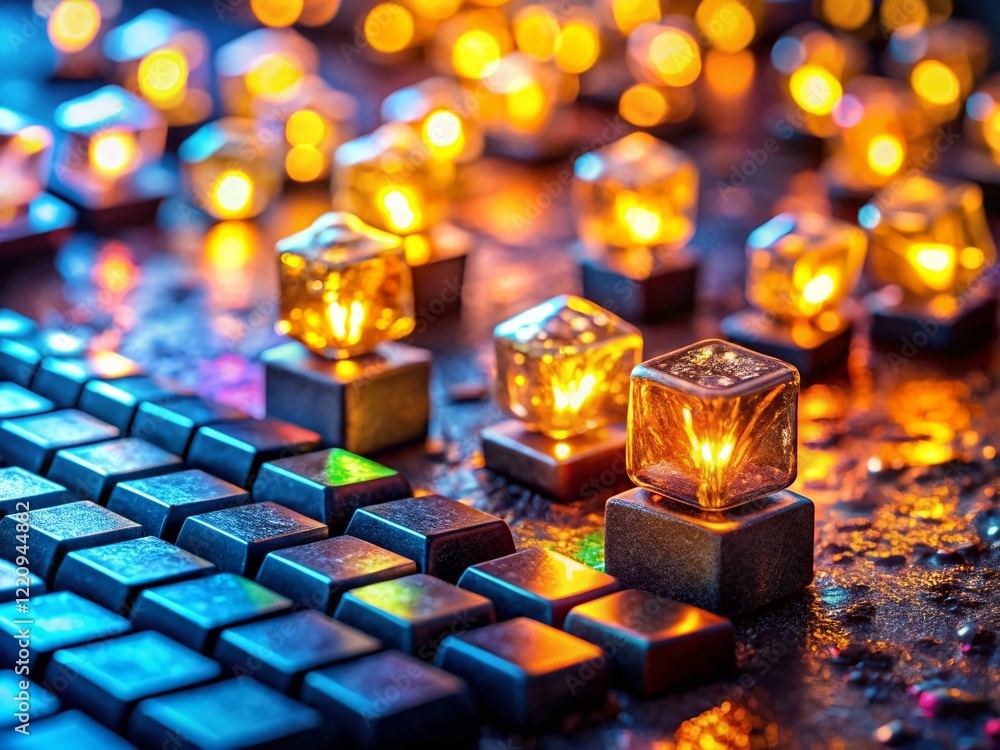 Poster illuminated cubes & keyboard: abstract tech bokeh stock photo