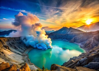 Naklejka premium Ijen Crater Lake, East Java, Indonesia: Stunning Aerial View of Volcanic Landscape & Blue Fire
