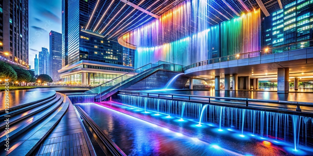 Aufkleber illuminated platform receiving digital data stream - futuristic architecture stock photo