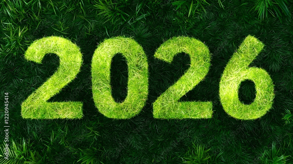 Aufkleber eco friendly business planning concept with 2026 symbol on lush green grass in tranquil forest repre