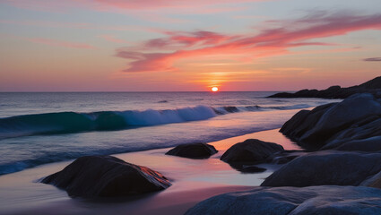 Serene Sunset Over a Rocky Beach With Gentle Ocean Waves