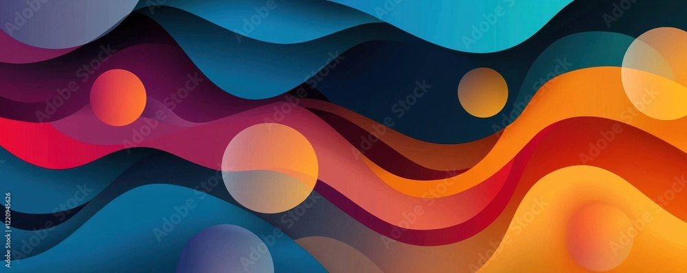 Poster a vibrant abstract design featuring flowing waves and circular shapes in shades of blue, orange, red