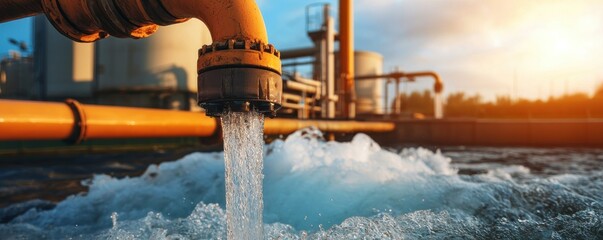 A close-up view of a pipe discharging water into a flowing body, surrounded by industrial structures under a bright sky.