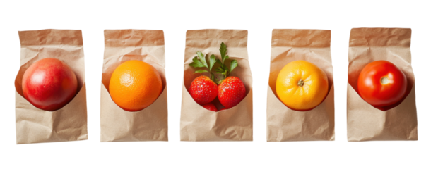 Paper bag with fresh fruits and vegetables isolated on white background